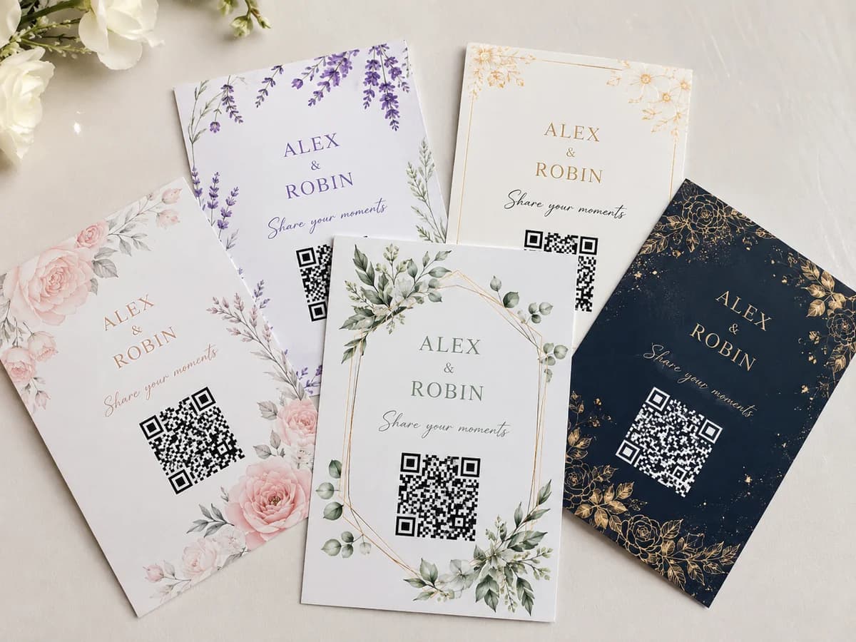 A bundle of floral, botanical, ivory and midnight QR card designs for Alex and Robin’s event